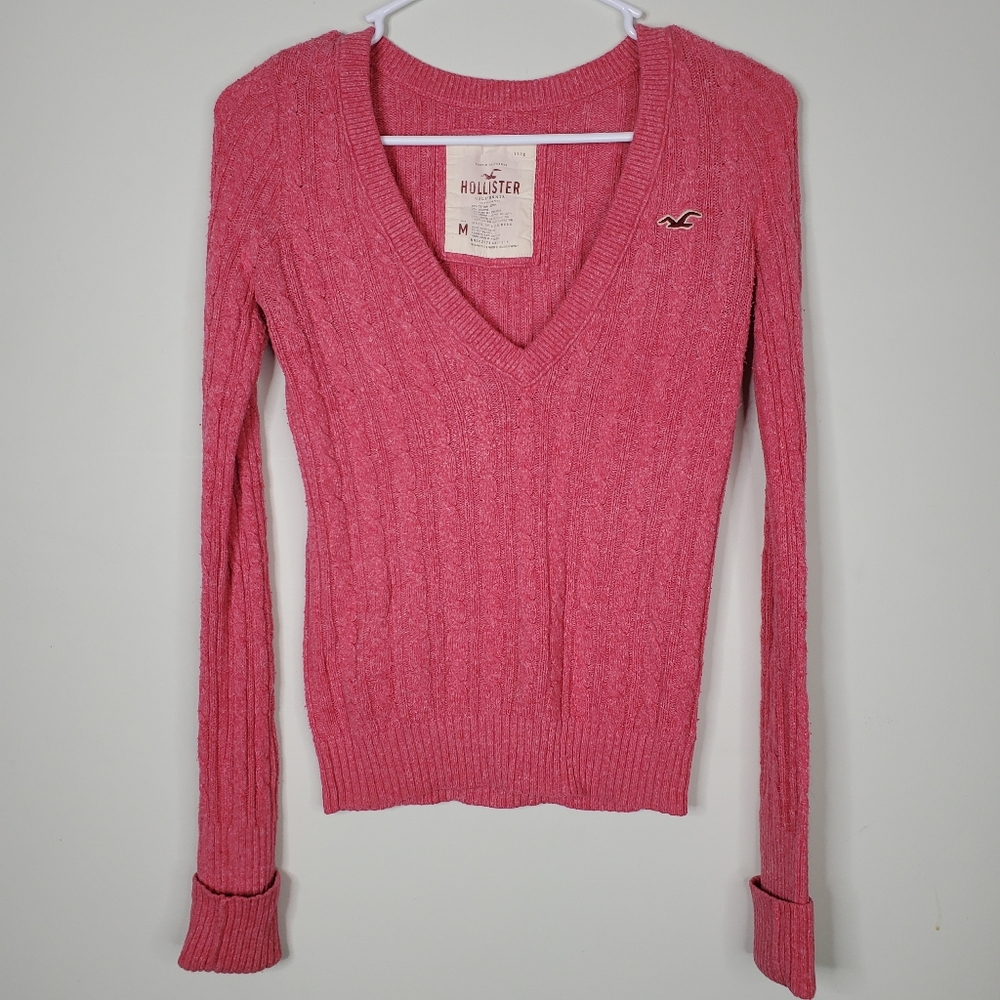 Hollister Vintage Pink Cable Knit V-Neck Sweater Y2K